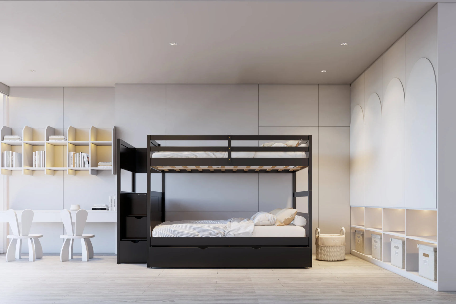 Babylon Black Full/Full Bunk Bed w Twin Trundle + Staircase Storage