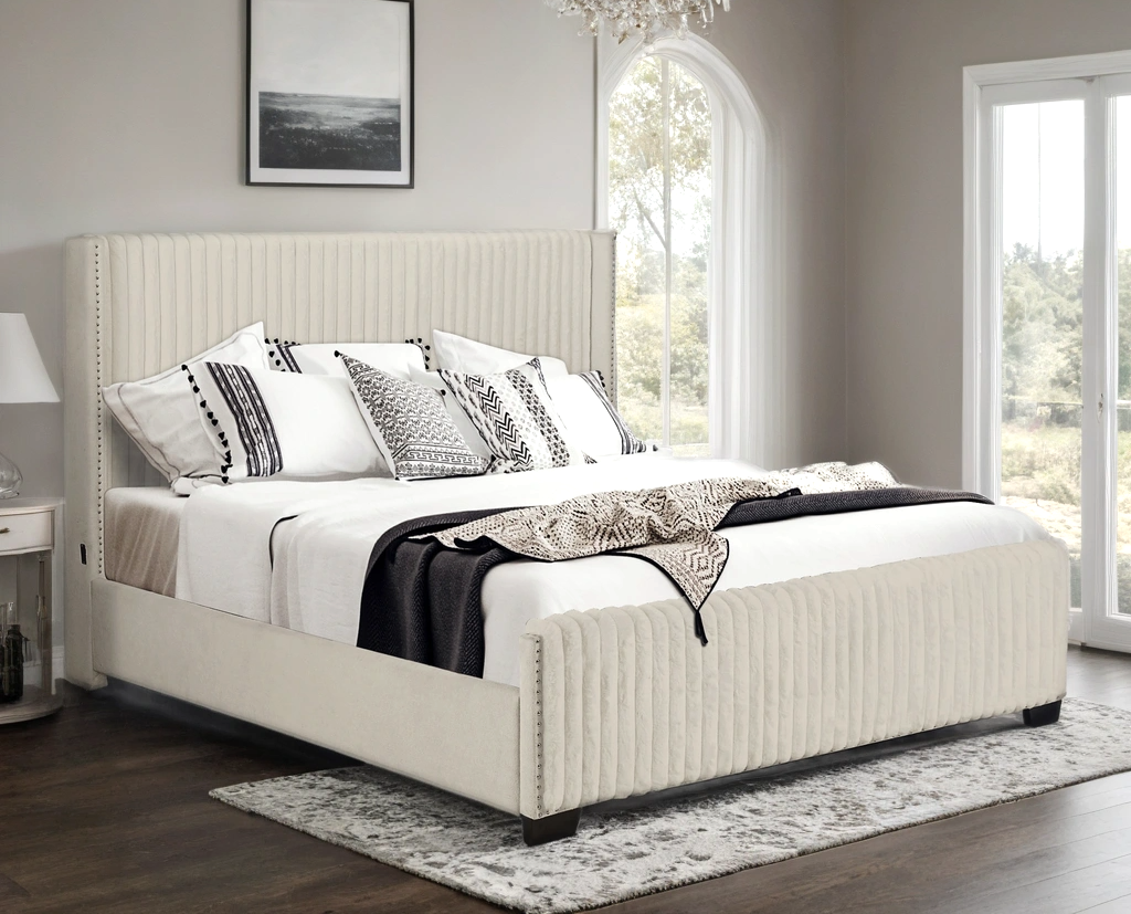 Harry Beige Upholstered USB Panel Queen Bed