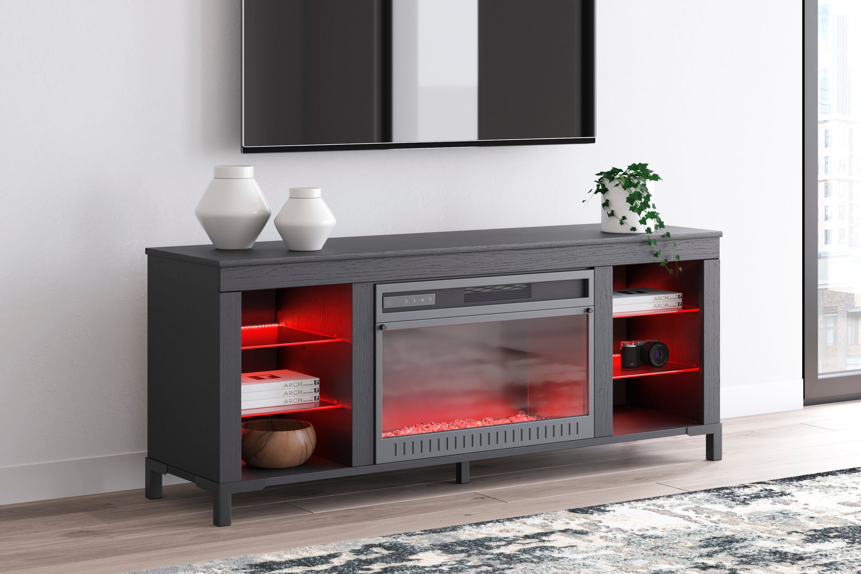 W2721-168 Black TV Stand w Fireplace 59"L LED Lights