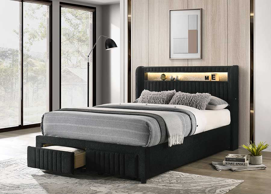 Cupid Black Upholstered LED Storage Platform Full Bed