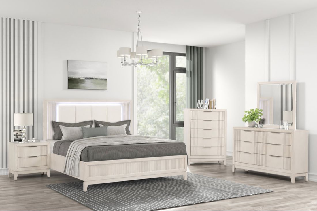 Uptown Cream LED Upholstered Panel Bedroom Set