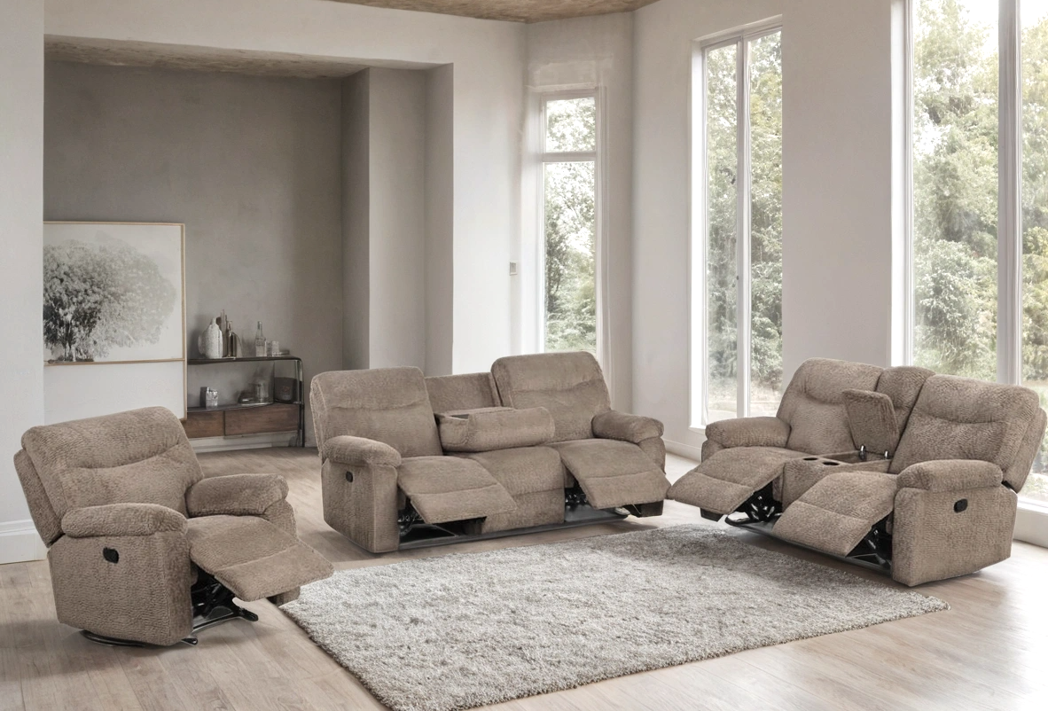 Bravo Mocha Teddy Bear Fabric 3-Piece Reclining Set
