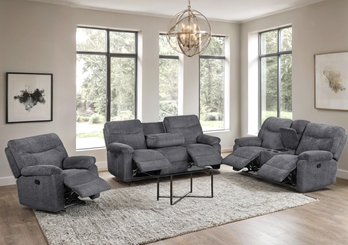Bravo Dark Gray Teddy Bear Fabric 3-Piece Reclining Set