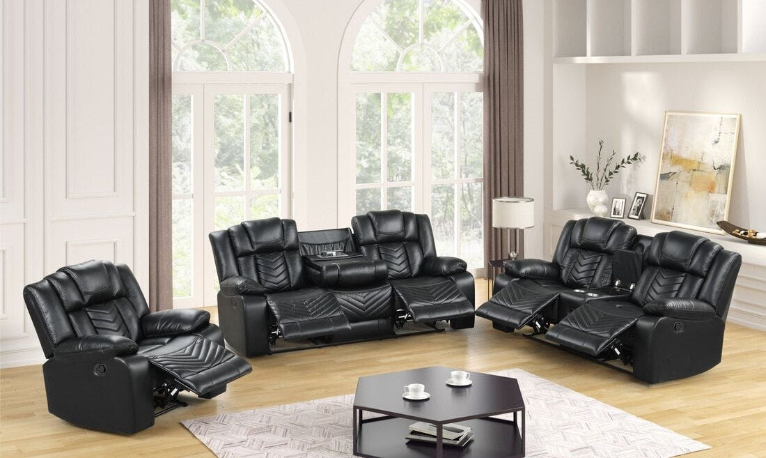 Ace Black Leather Gel 3-Piece Reclining Set
