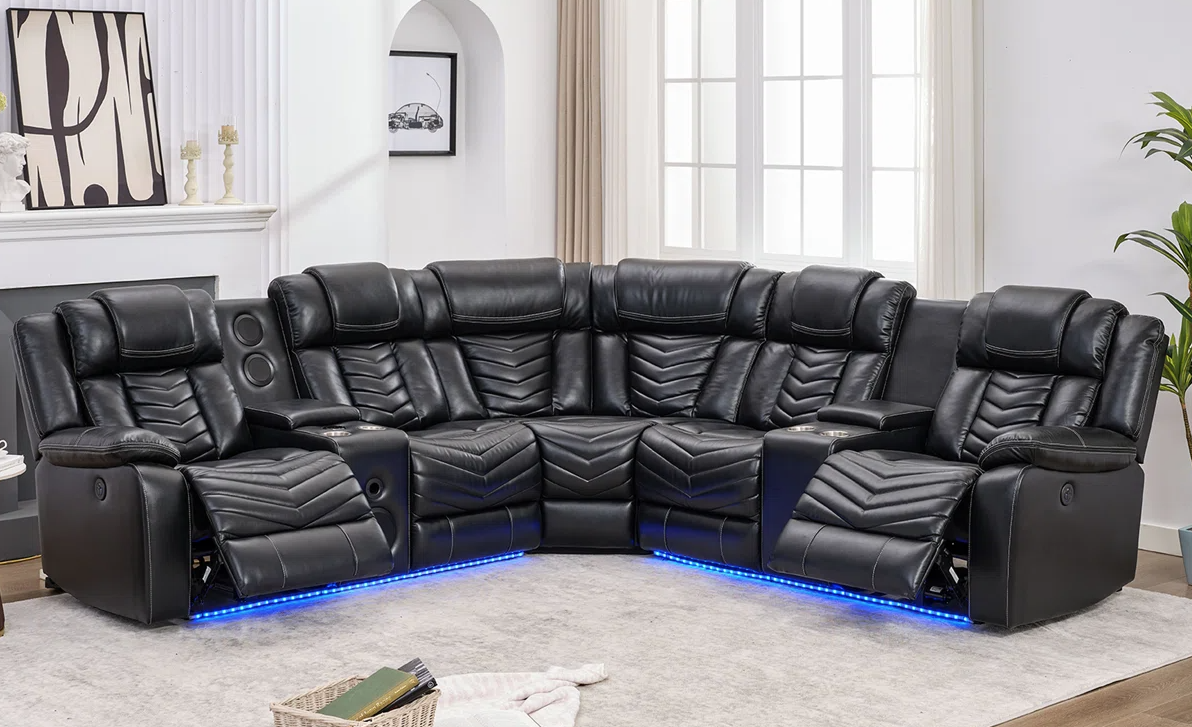 Ace Black Leather Gel Reclining Sectional