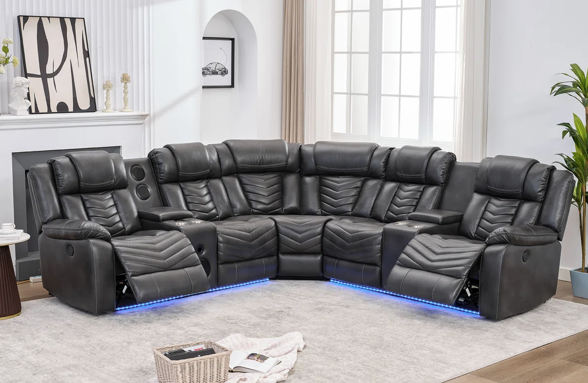 Ace Gray Leather Gel Reclining Sectional