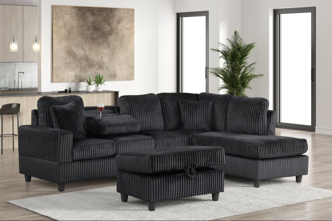 Rocket Onyx Black Reversible Sectional with Ottoman