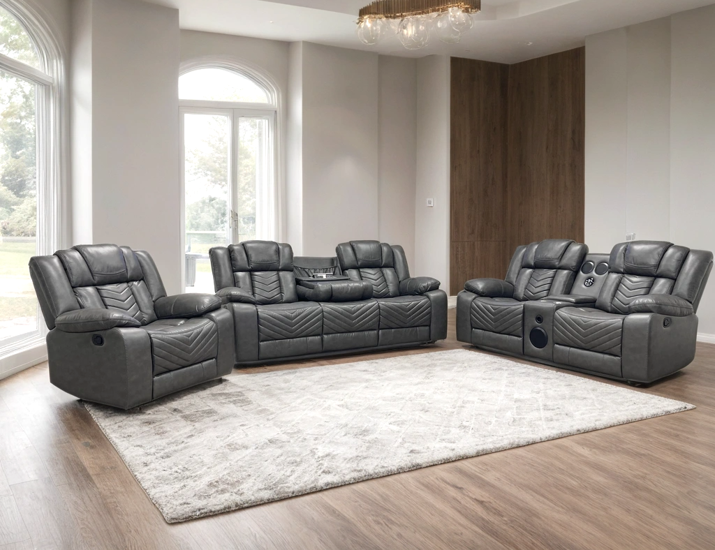 Ace Gray Leather Gel 3-Piece Reclining Set