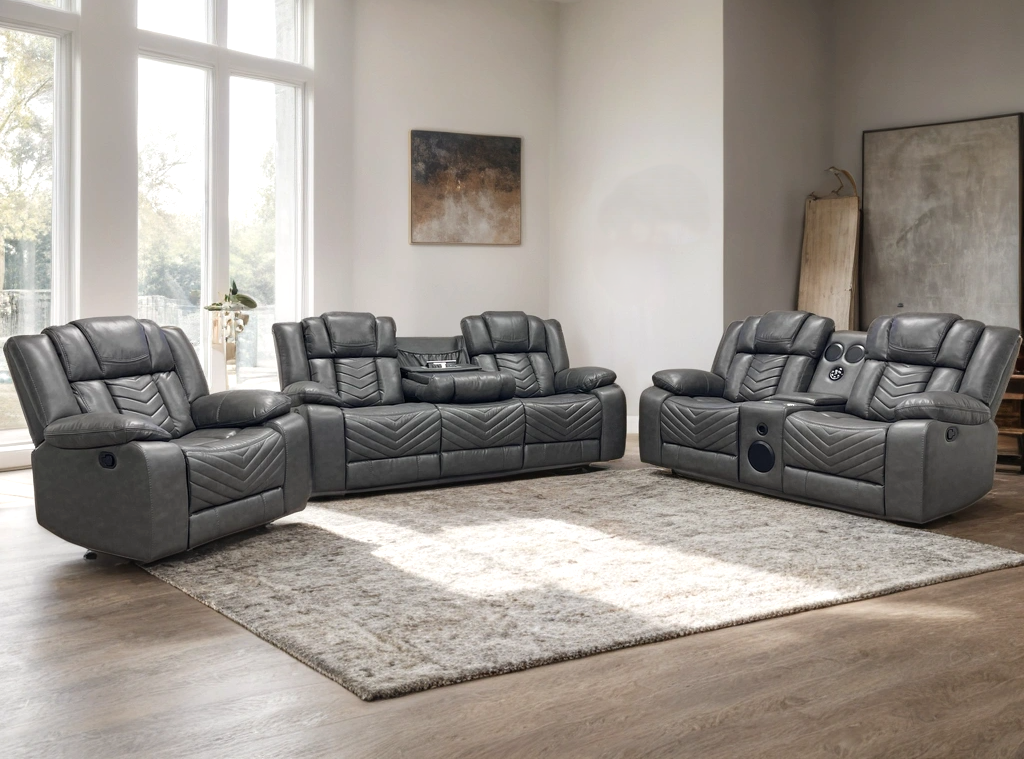 Ace Gray Leather Gel 3-Piece Reclining Set