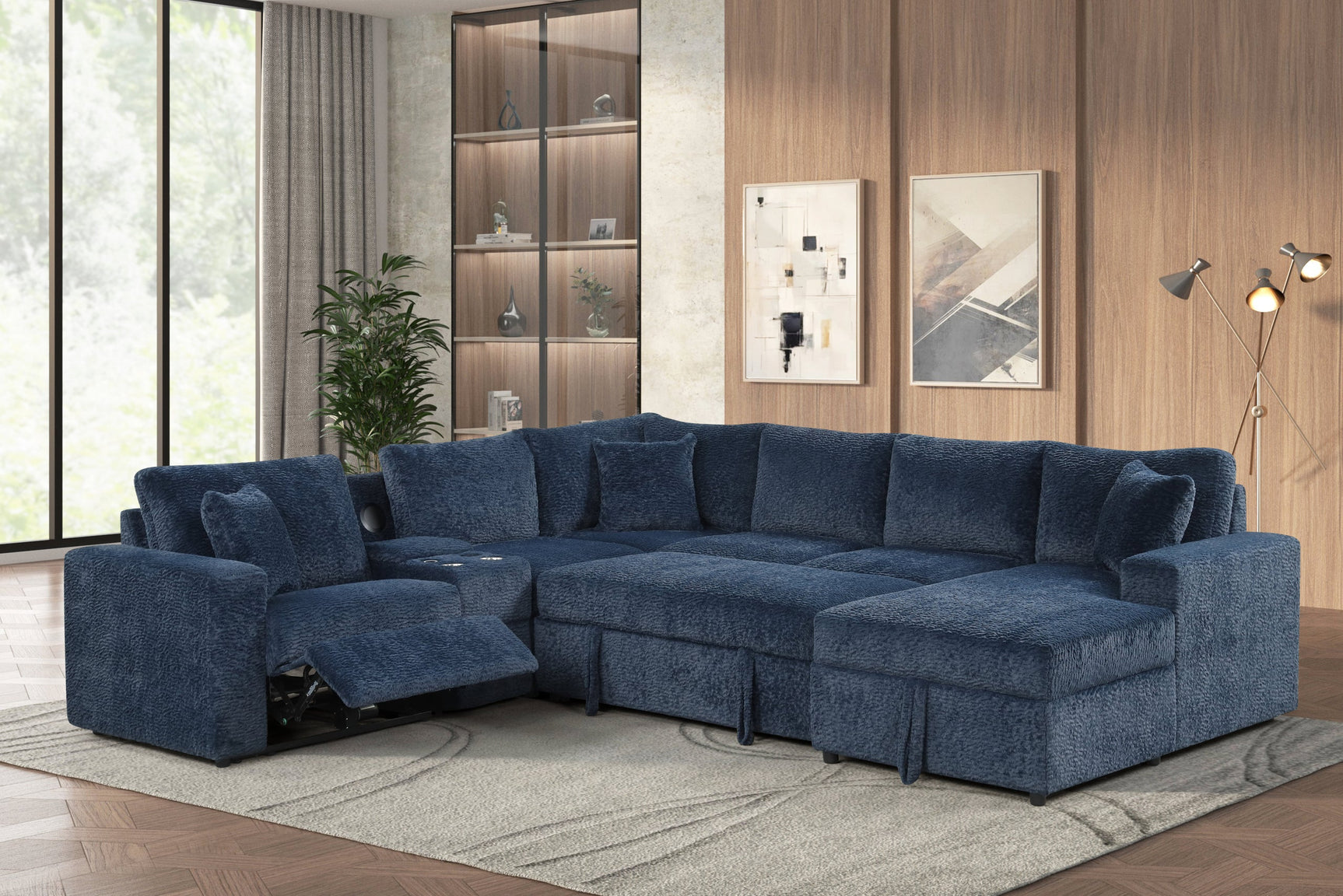 Hunter Blue Sectional w Bluetooth Speaker & Pull-Out Bed