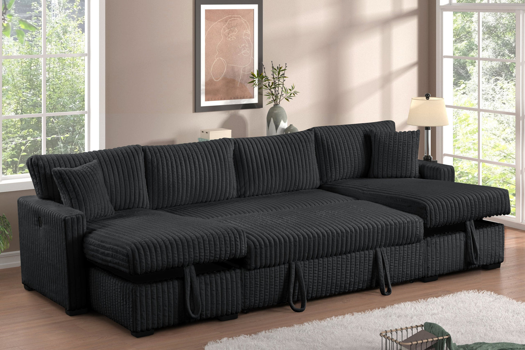 July Black Double Storage Chaise Sectional w Pull Out Bed