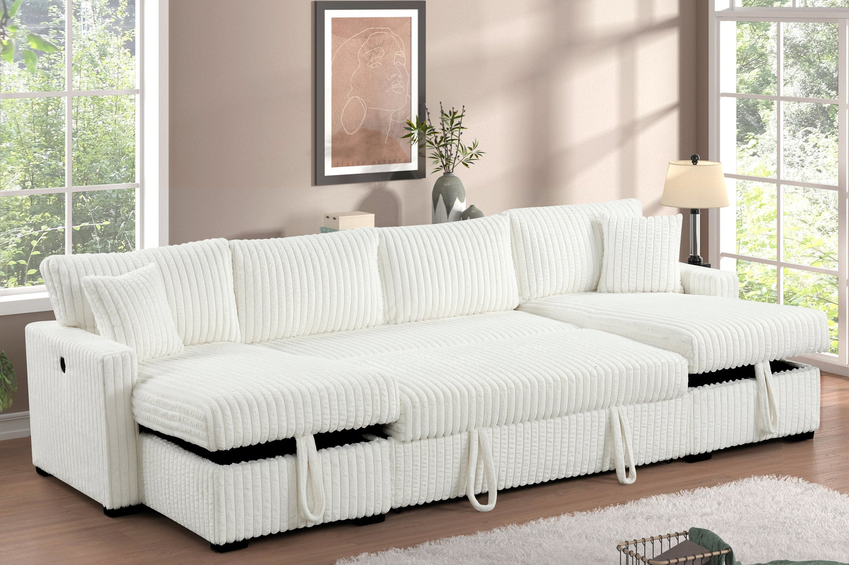 July Beige Double Storage Chaise Sectional w Pull Out Bed