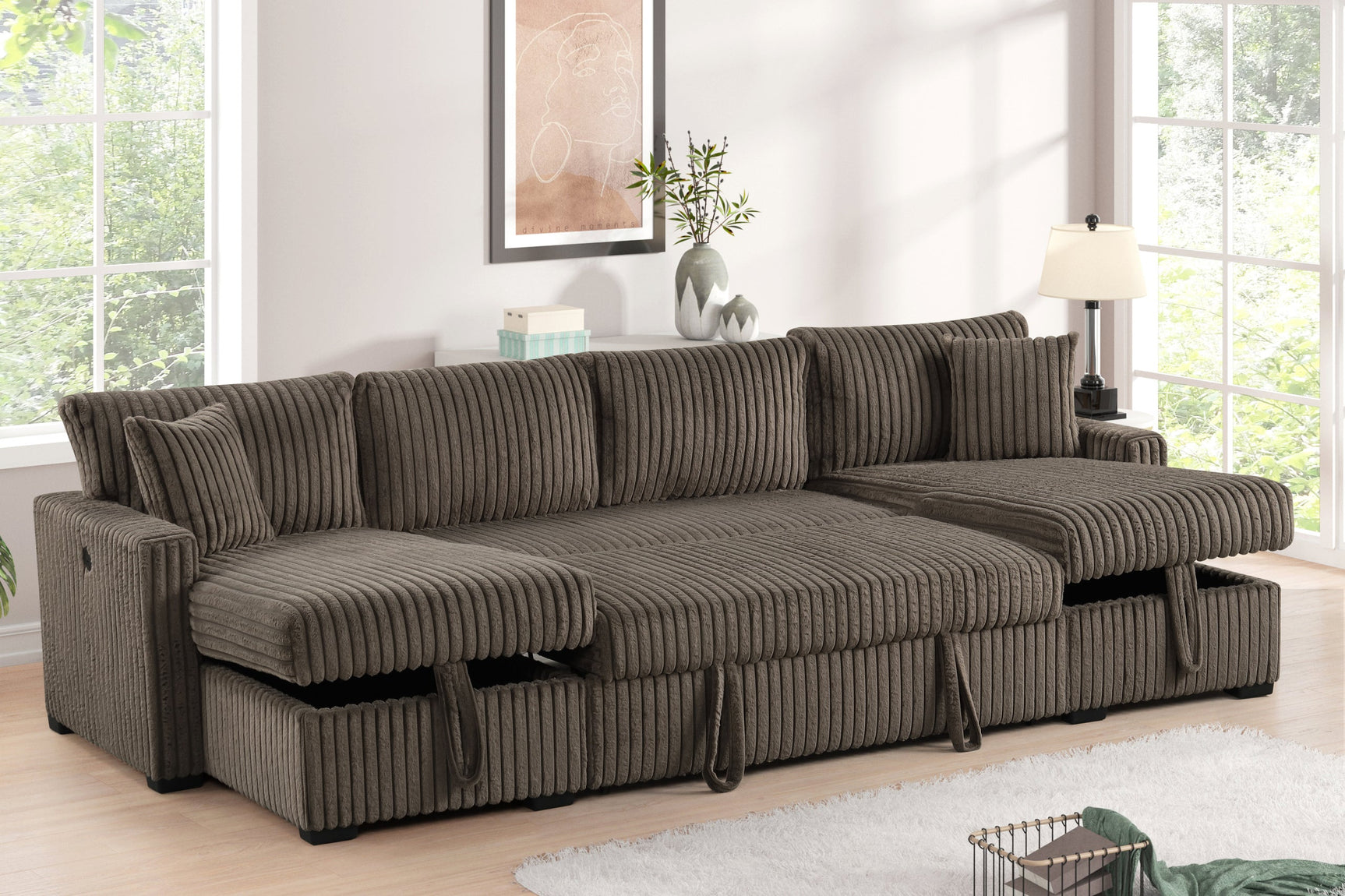 July Mocha Double Storage Chaise Sectional w Pull Out Bed