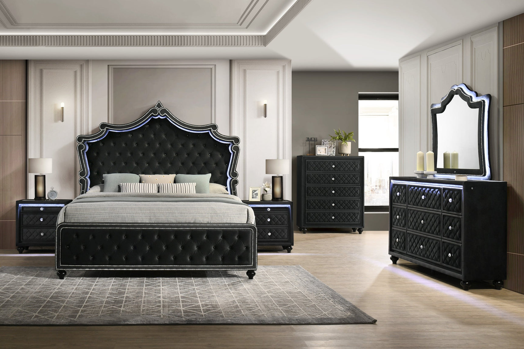 KKingdom Black LED Upholstered Tufted Panel Bedroom Set