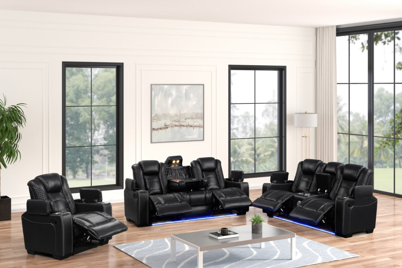 Stefano Black Leather Gel 3-Piece Reclining Set