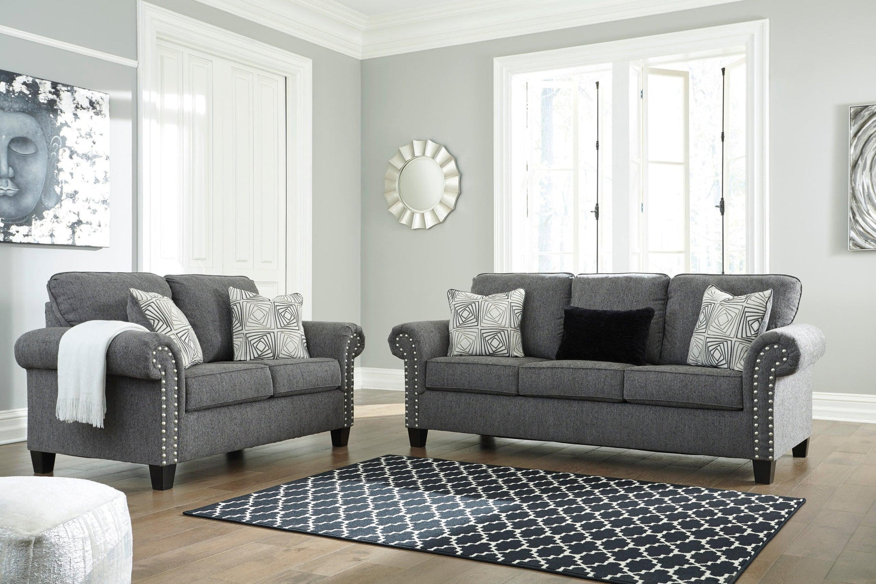 Ashley Charcoal Modern Contemporary Solid Wood Fabric Upholstered Sofa & Loveseat Set - Ella Furniture