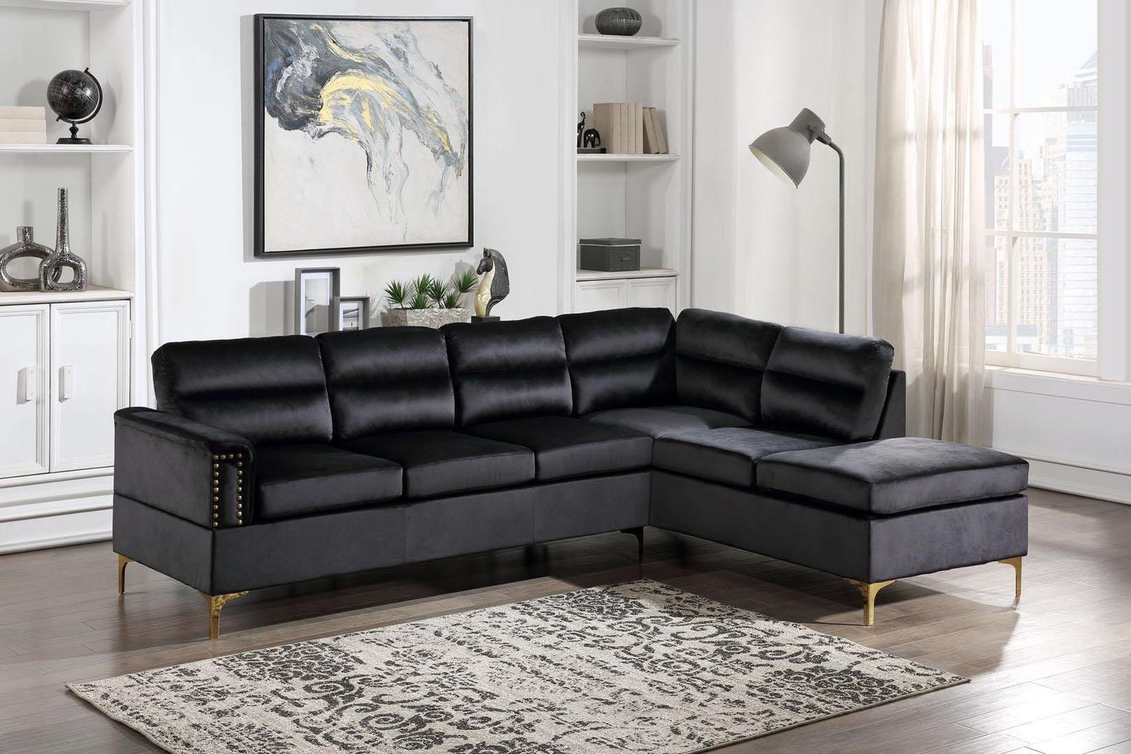 Vogue Black Modern Contemporary Solid Wood Gold Metal Legs Velvet Upholstered Sectional - Ella Furniture