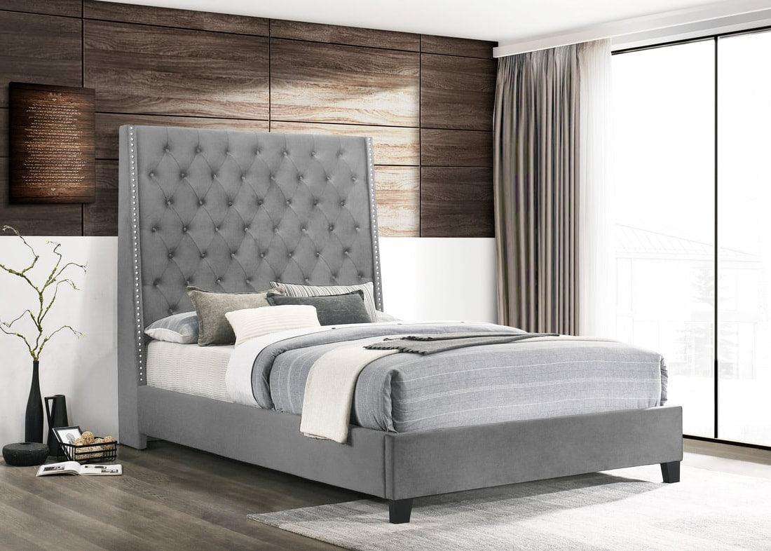 Grey/Silver Modern Contemporary Solid Wood Velvet Upholstered Tufted Platform Queen Bed - Ella Furniture