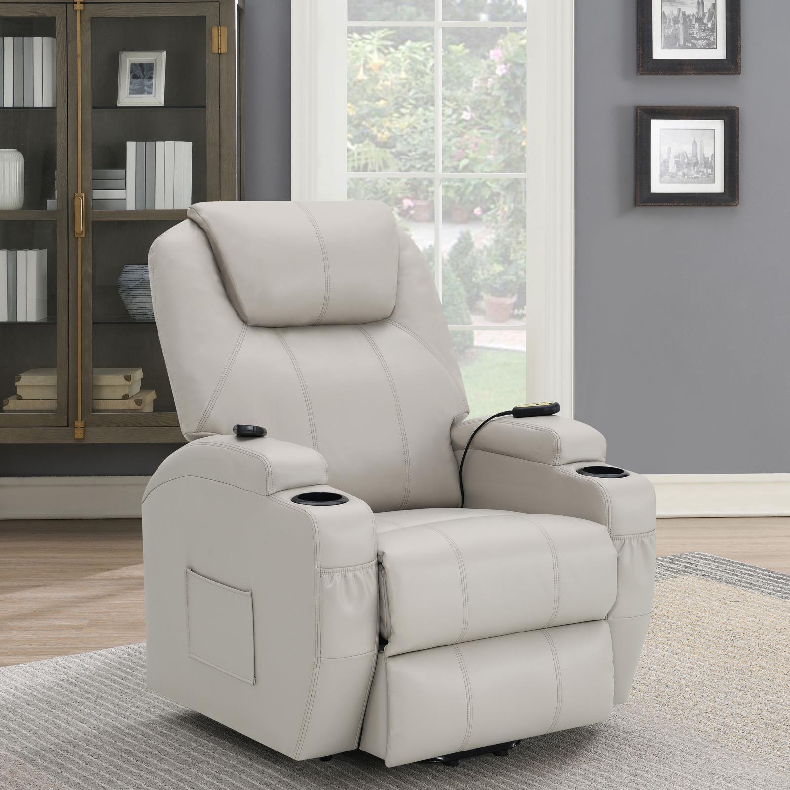 Sanger Upholstered Power Lift Recliner Chair With Massage Champagne 600497P - Ella Furniture