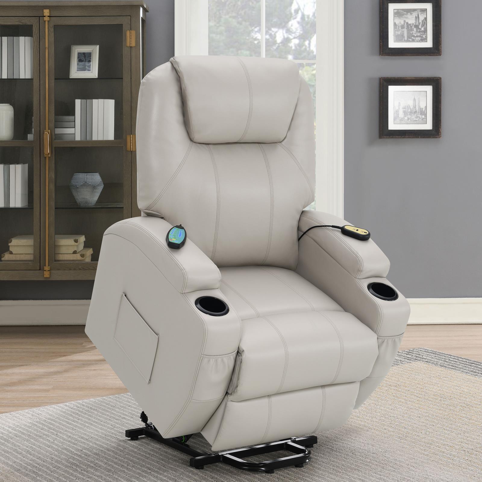 Sanger Upholstered Power Lift Recliner Chair With Massage Champagne 600497P - Ella Furniture