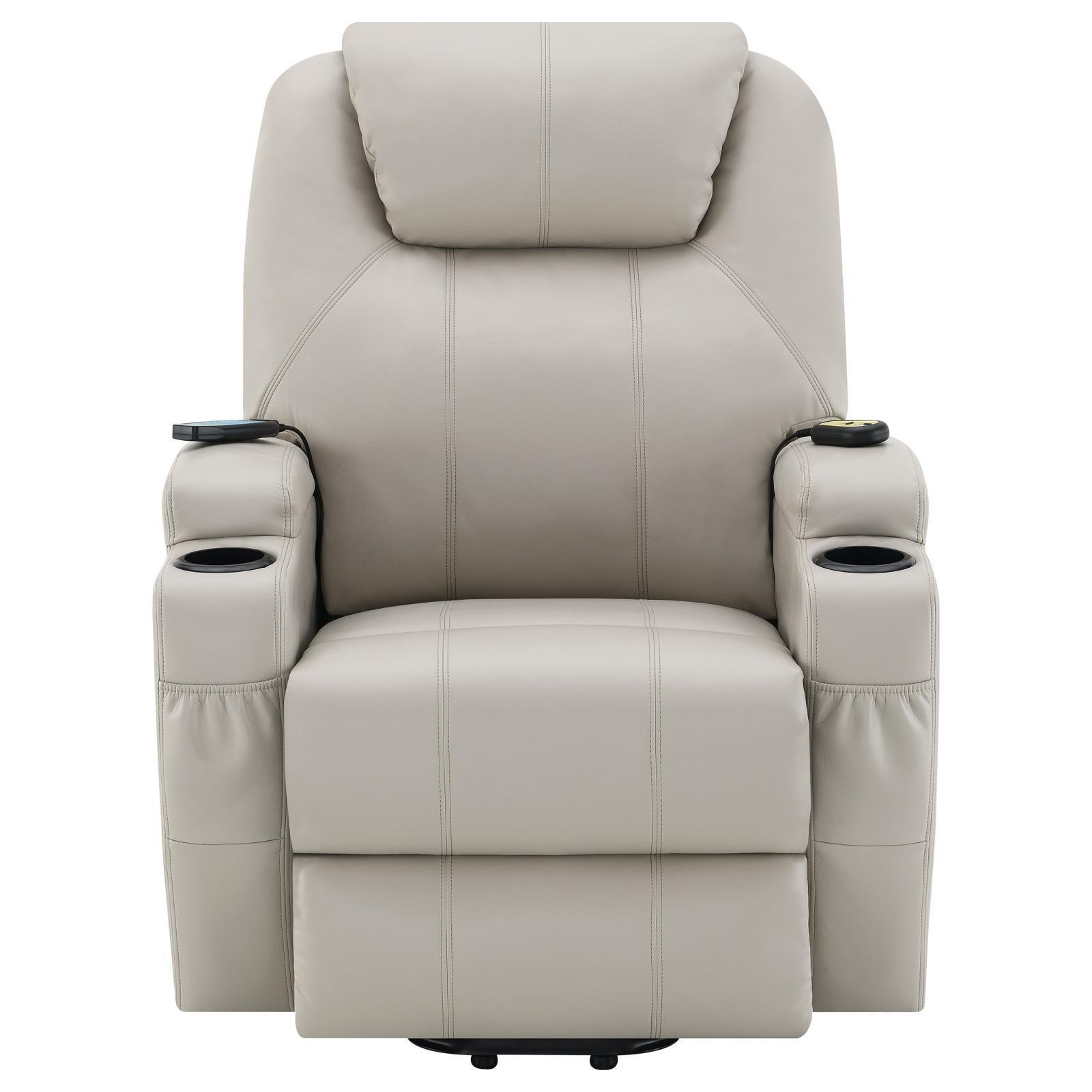Sanger Upholstered Power Lift Recliner Chair With Massage Champagne 600497P - Ella Furniture