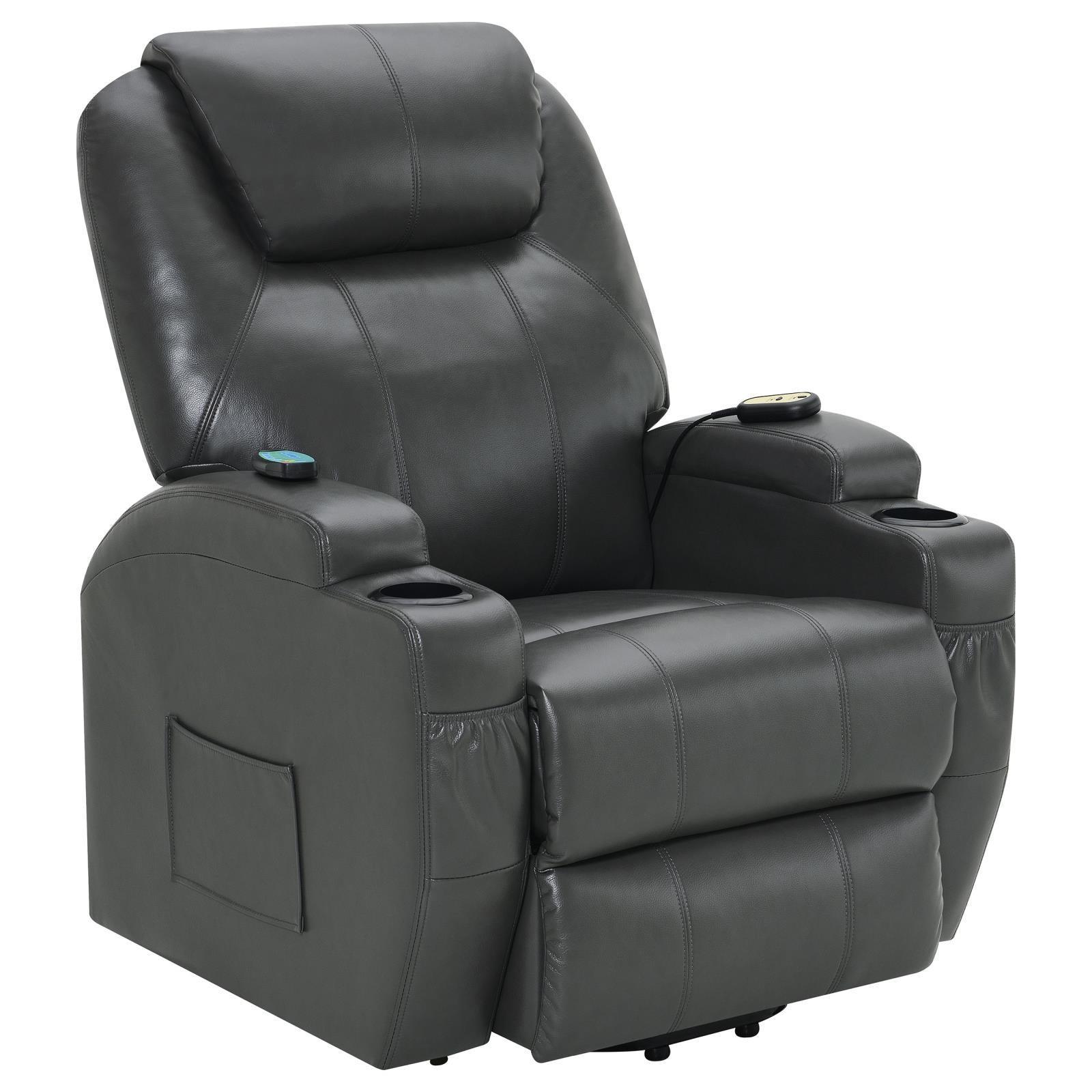 Sanger Upholstered Power Lift Recliner Chair With Massage Charcoal Grey 600498P - Ella Furniture