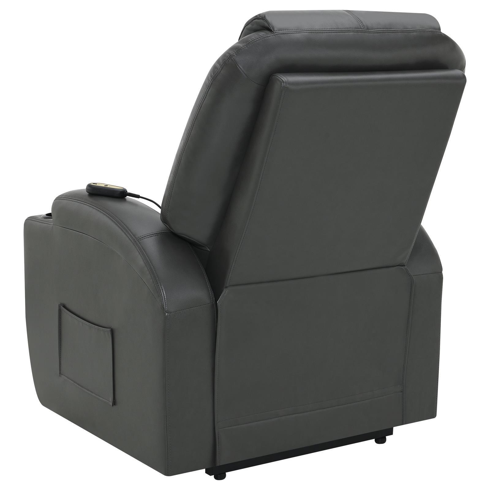 Sanger Upholstered Power Lift Recliner Chair With Massage Charcoal Grey 600498P - Ella Furniture