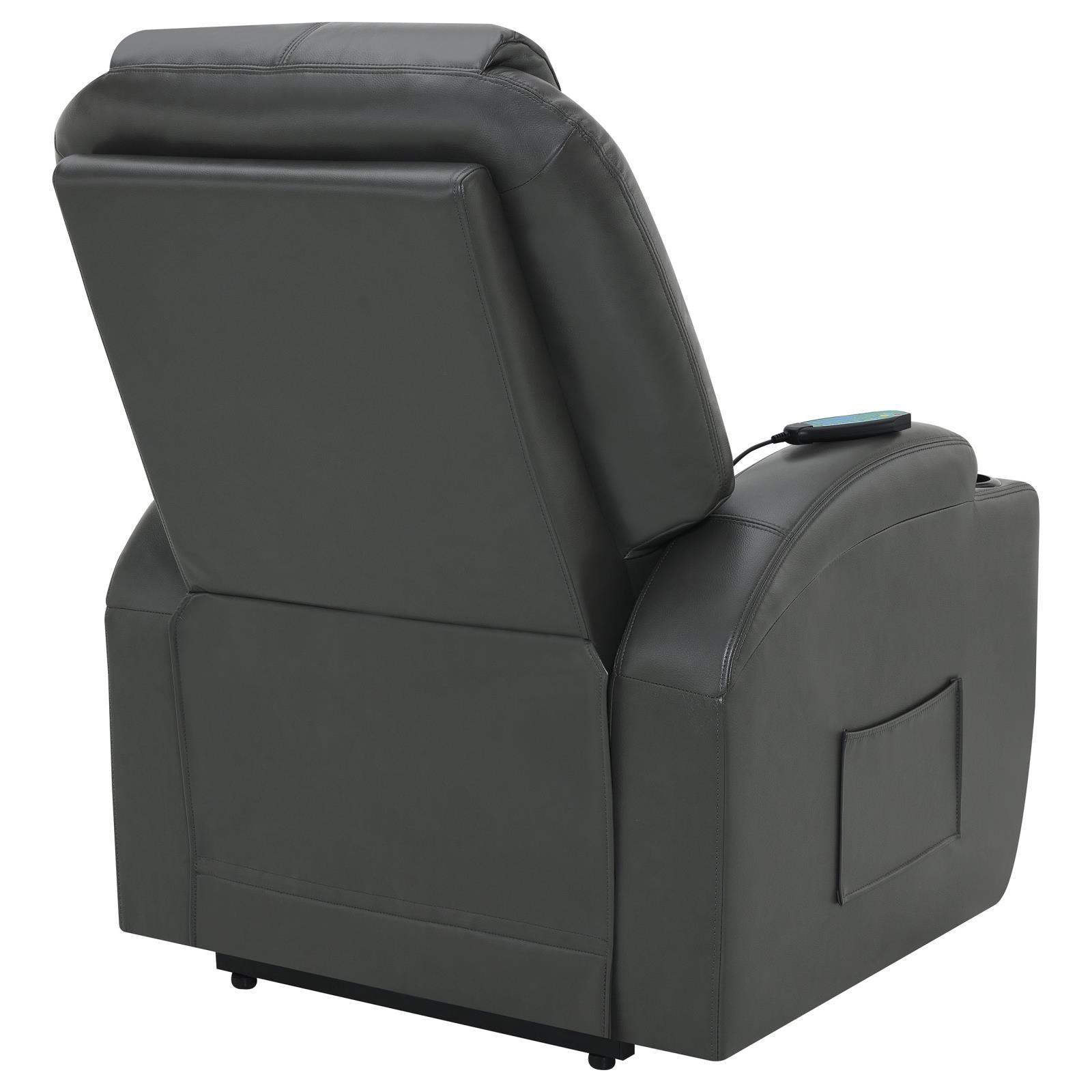 Sanger Upholstered Power Lift Recliner Chair With Massage Charcoal Grey 600498P - Ella Furniture