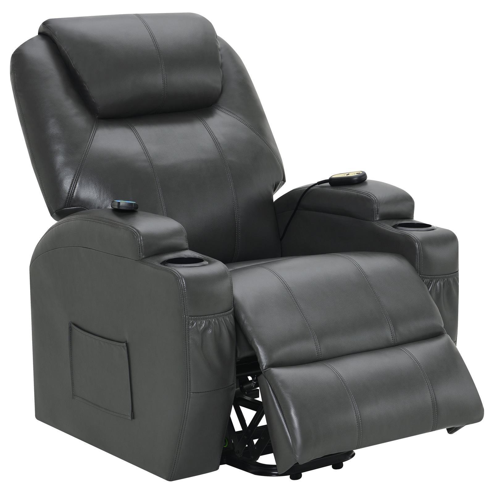 Sanger Upholstered Power Lift Recliner Chair With Massage Charcoal Grey 600498P - Ella Furniture