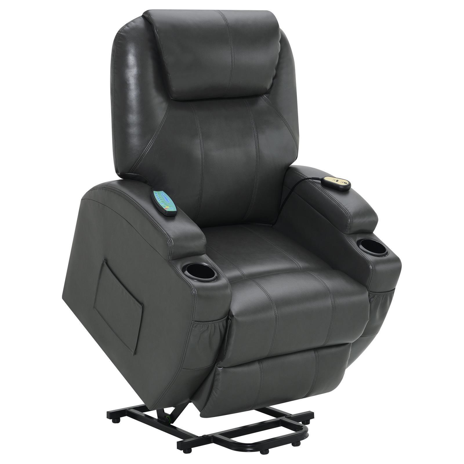 Sanger Upholstered Power Lift Recliner Chair With Massage Charcoal Grey 600498P - Ella Furniture