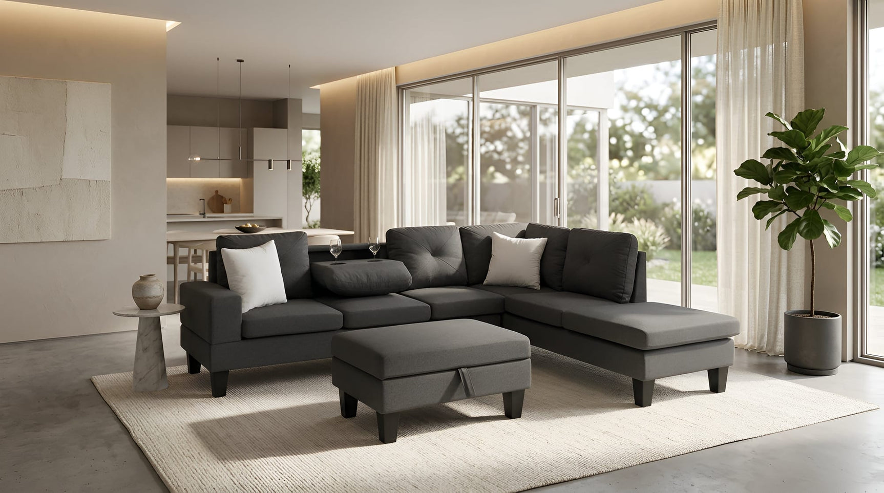 Star Dark Grey Fabric Sectional with Storage Ottoman and Drop-Down Table from Ella Furniture