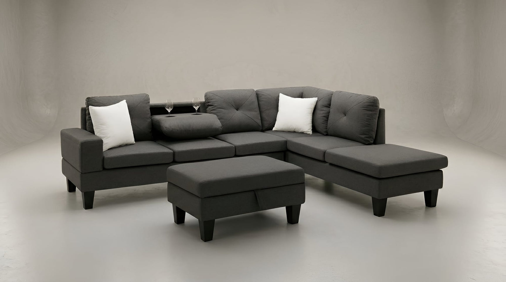 Star Dark Grey Fabric Sectional with Storage Ottoman and Drop-Down Table view 3