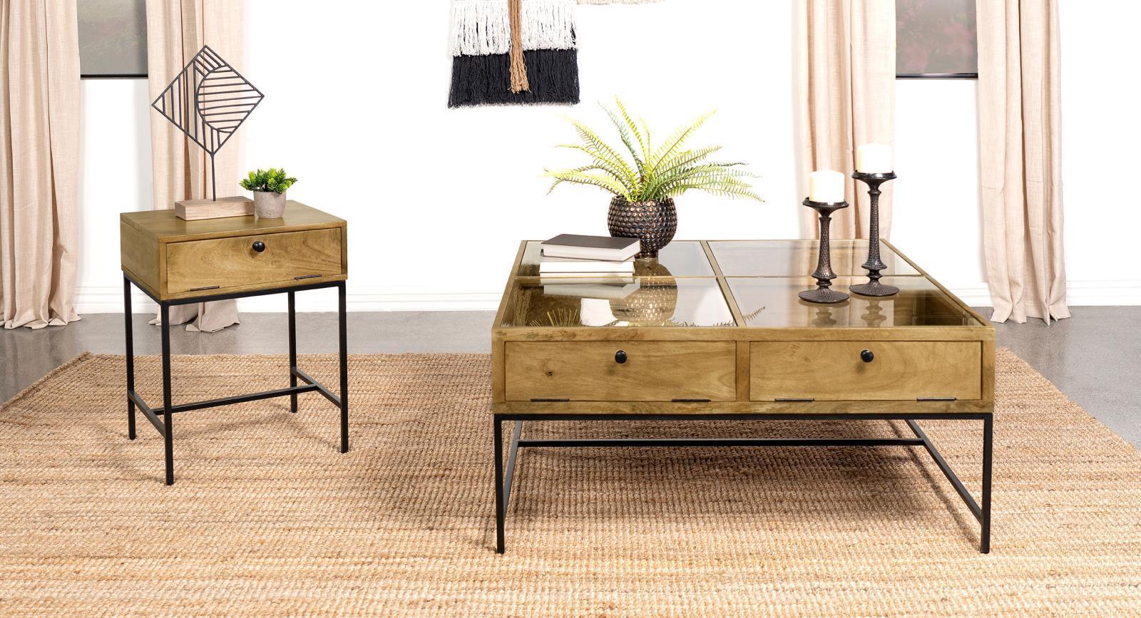 Stephie 4-Drawer Square Clear Glass Top Coffee Table Honey Brown 704698 - Ella Furniture