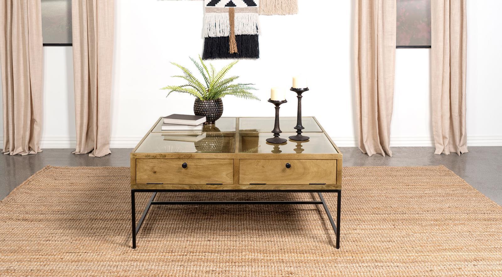 Stephie 4-Drawer Square Clear Glass Top Coffee Table Honey Brown 704698 - Ella Furniture