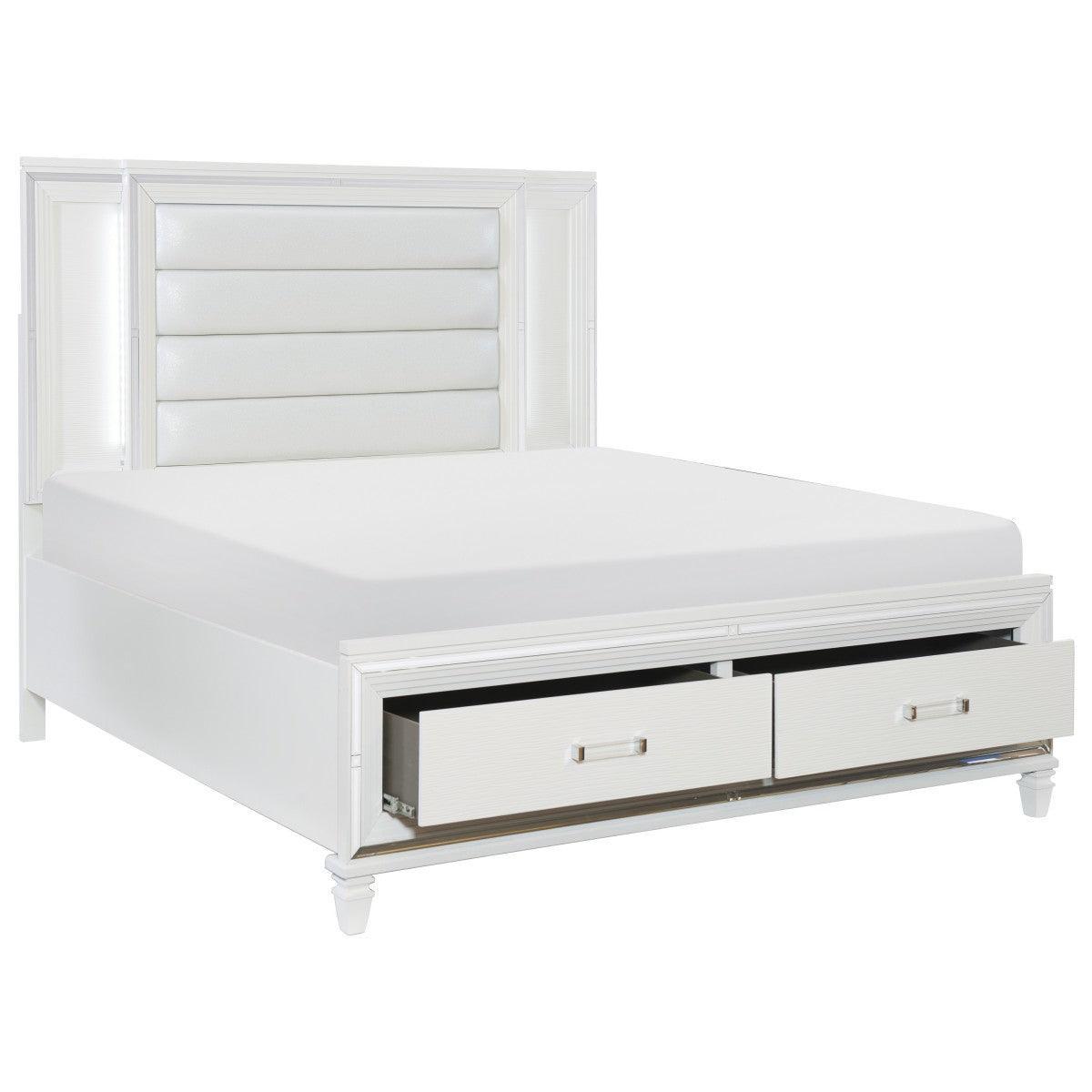 Tamsin White Embossed Wood And Engineered Wood Faux Leather Upholstered King Platform Bed - Ella Furniture