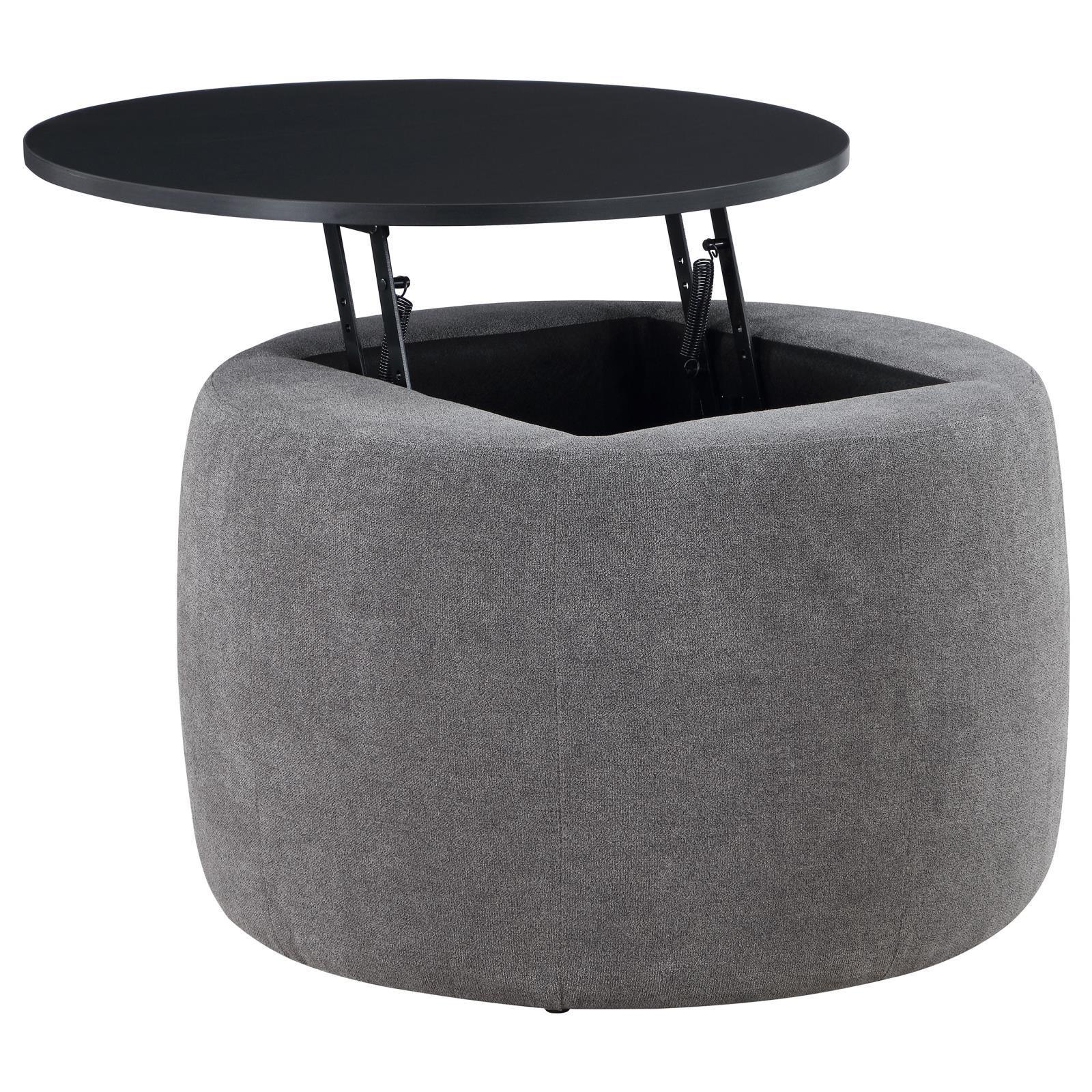 Tesoro Upholstered Round Lift Top Storage Ottoman Grey And Black 910147 - Ella Furniture