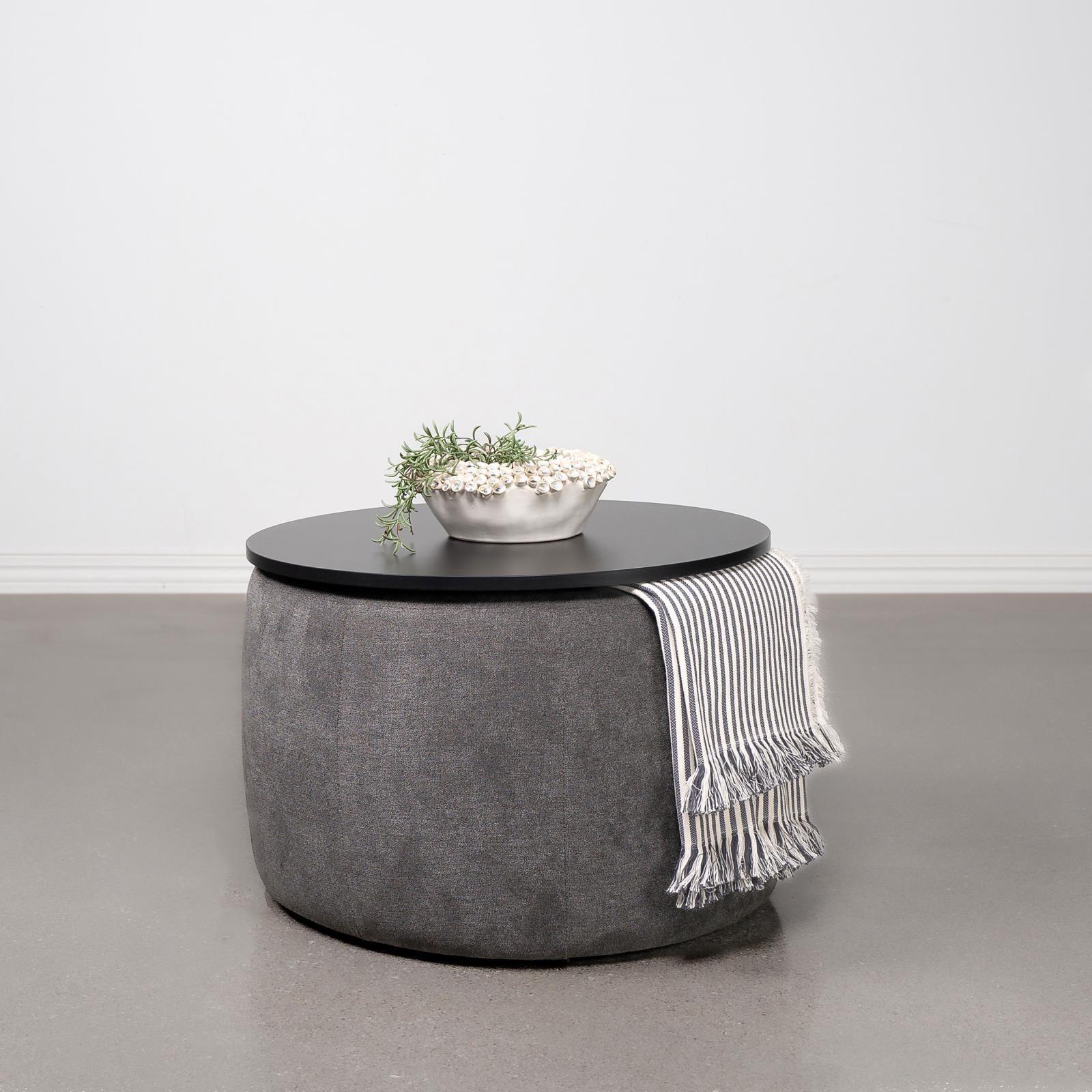 Tesoro Upholstered Round Lift Top Storage Ottoman Grey And Black 910147 - Ella Furniture