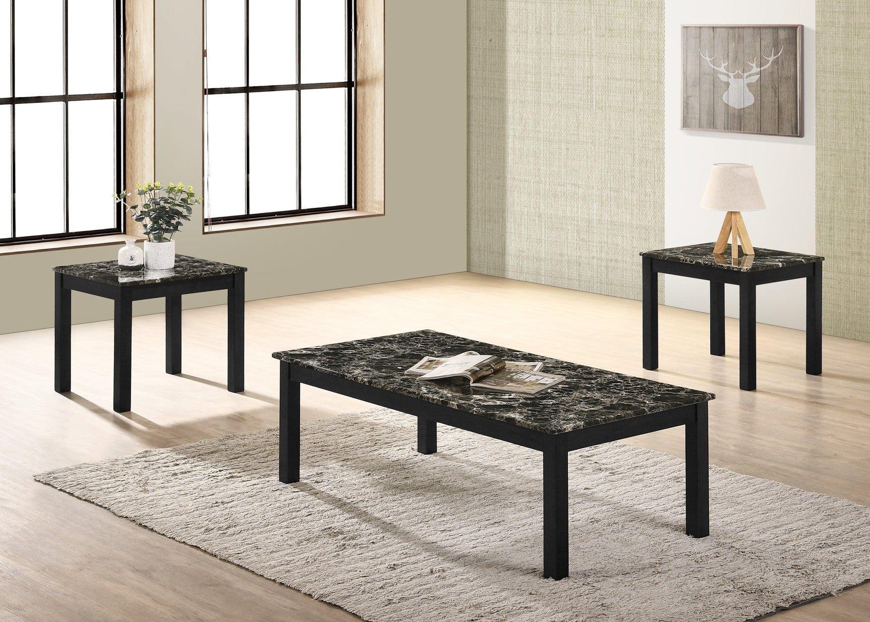 Thurner Black Modern Contemporary Solid Wood Faux Marble Top Cocktail Coffee Table - Ella Furniture