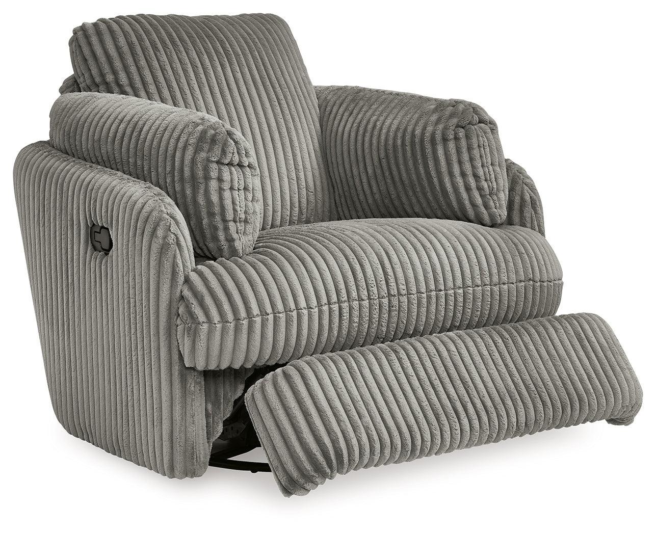 Tie-breaker Fog Velvet Swivel Glider Recliner - Ella Furniture