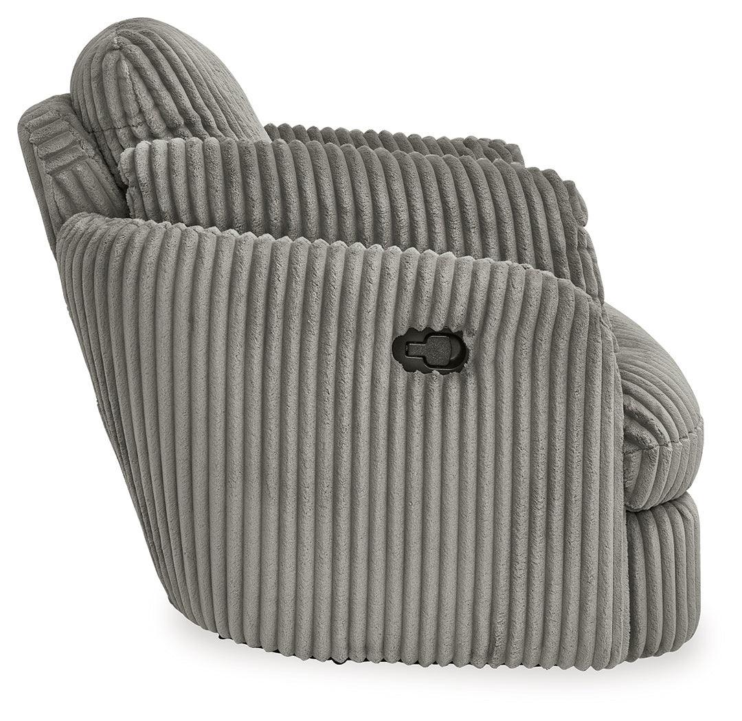 Tie-breaker Fog Velvet Swivel Glider Recliner - Ella Furniture