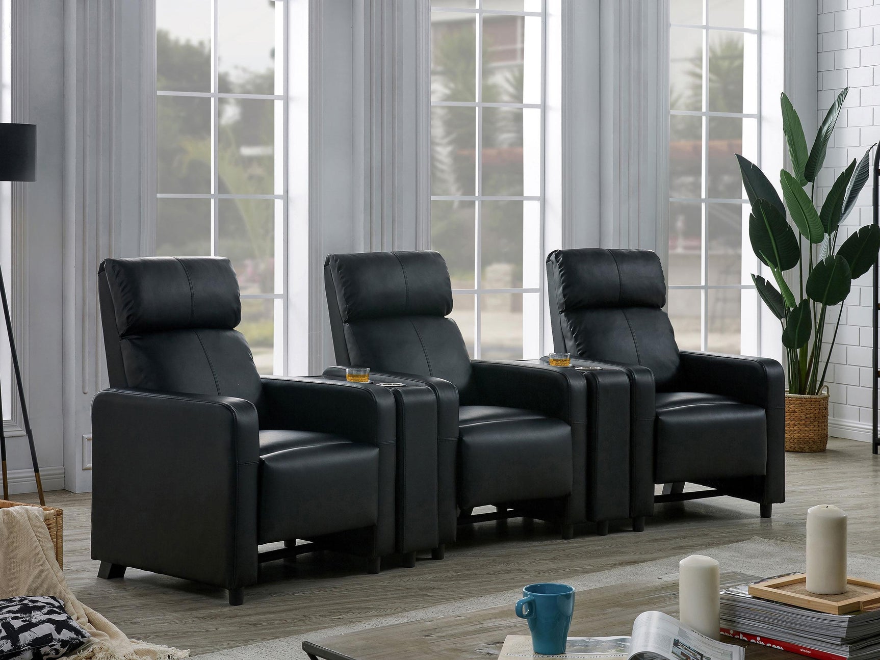 TOOHEY HOME THEATER COLLECTION Toohey Upholstered Tufted Recliner Living Room Set Black 600181-S3A - Ella Furniture