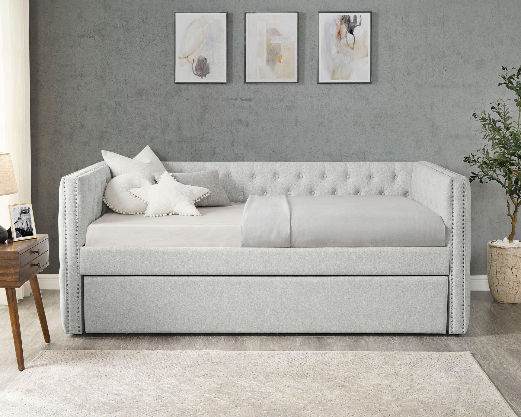 Trina Dove Gray Modern Solid Wood Fabric Upholstered Tufted Trundle Daybed - Ella Furniture