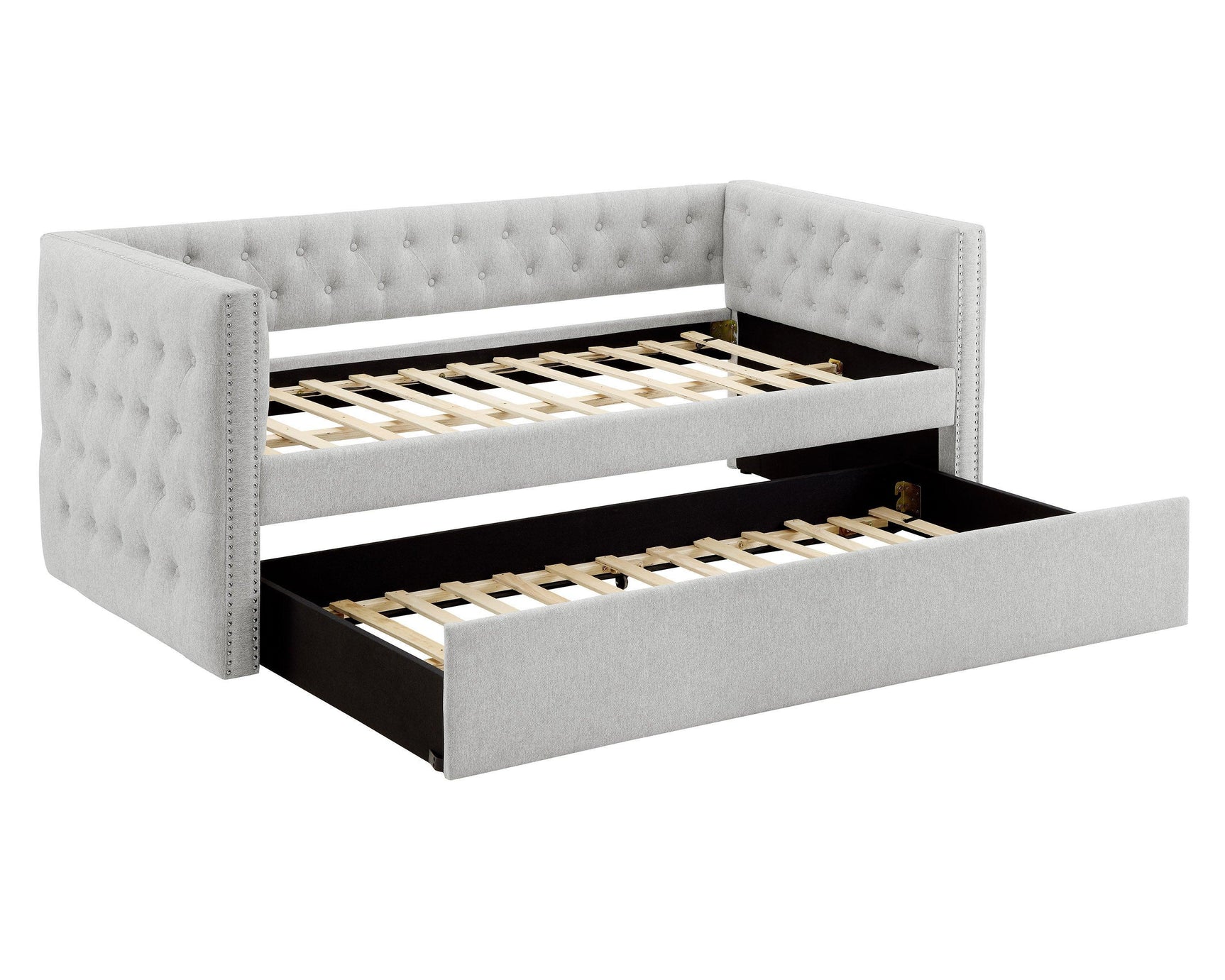 Trina Dove Gray Modern Solid Wood Fabric Upholstered Tufted Trundle Daybed - Ella Furniture