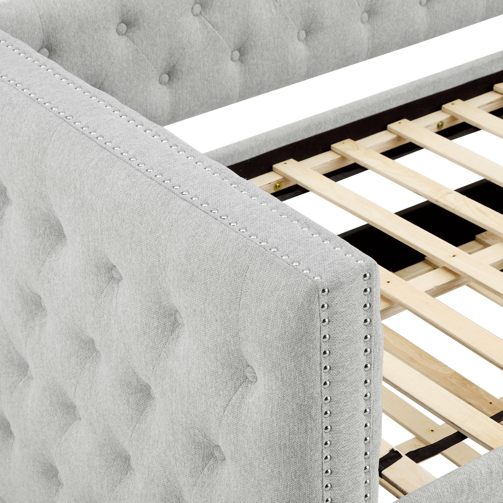 Trina Dove Gray Modern Solid Wood Fabric Upholstered Tufted Trundle Daybed - Ella Furniture
