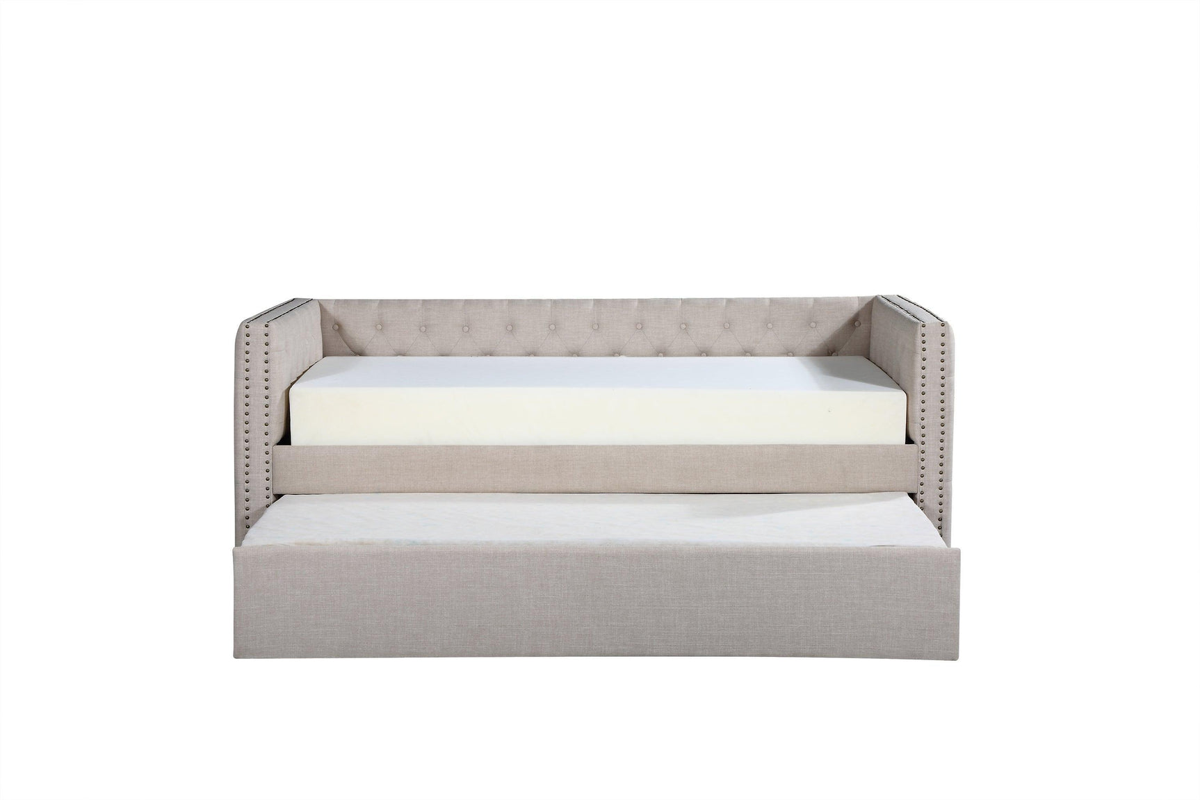 Trina Ivory Chalk Fabric Upholstered Trundle Tufted Twin Daybed - Ella Furniture