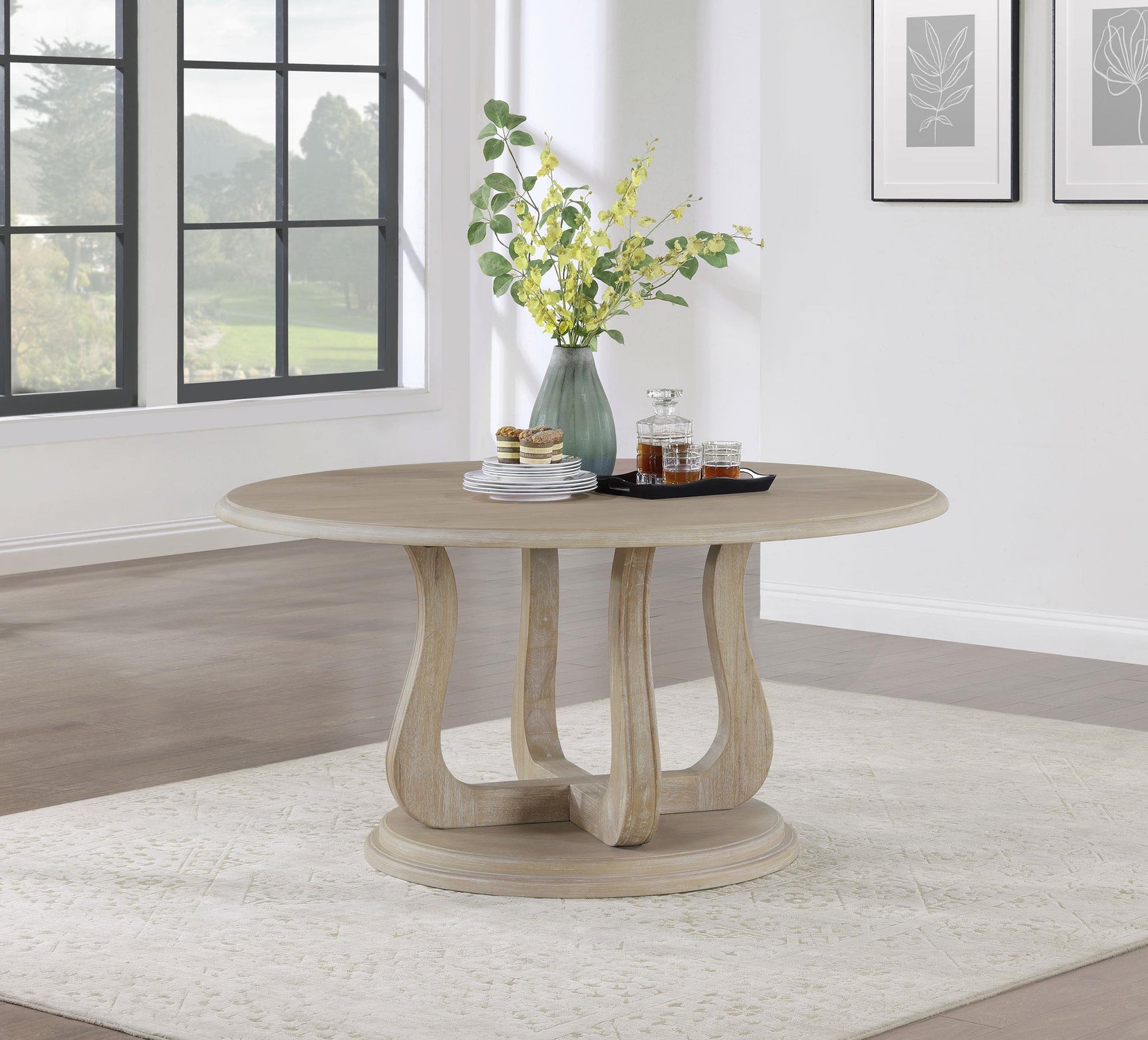 Trofello Round 60-inch Pedestal Dining Table White Washed 123120 - Ella Furniture