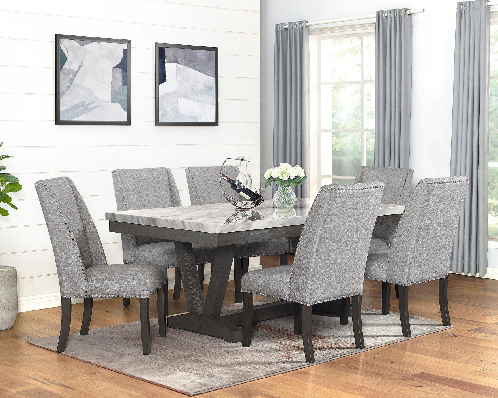 Vance White-Gray Faux Marble Fabric Seat Rectangular Dining Room Set - Ella Furniture