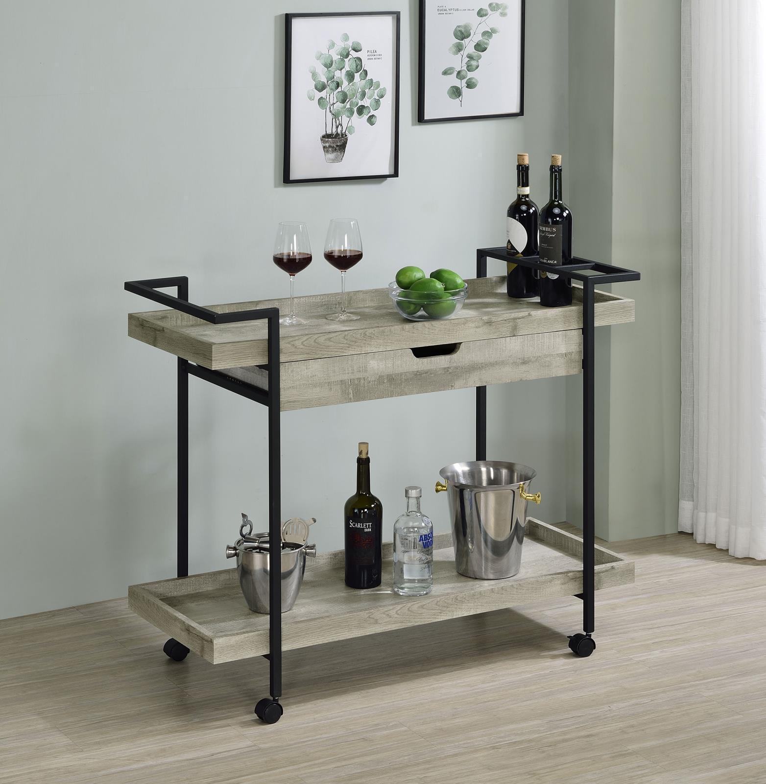 Ventura 2-Tier Bar Cart With Storage Drawer Grey Driftwood 181005 - Ella Furniture