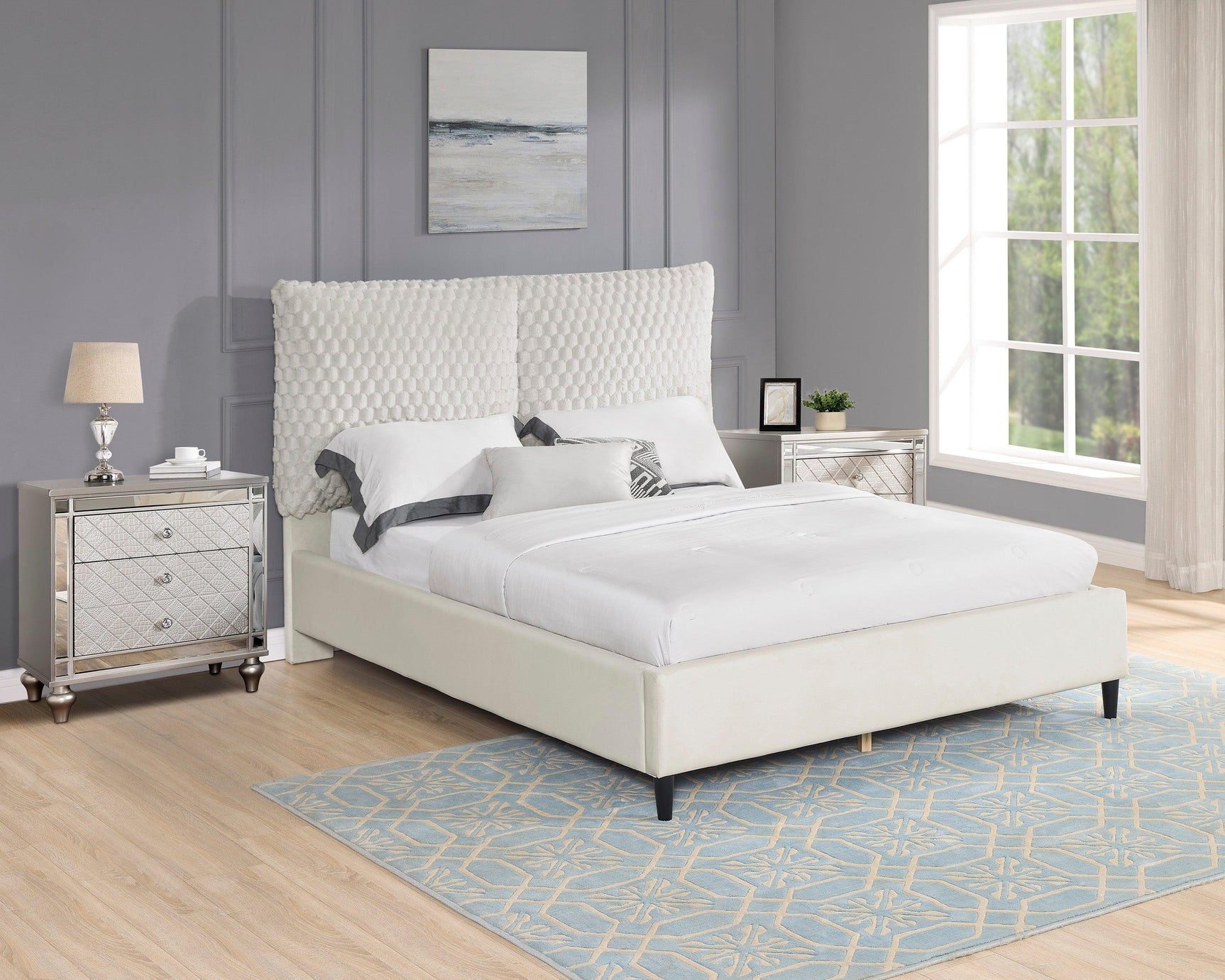 Violet White Modern Solid Wood Velvet Upholstered King Bed - Ella Furniture