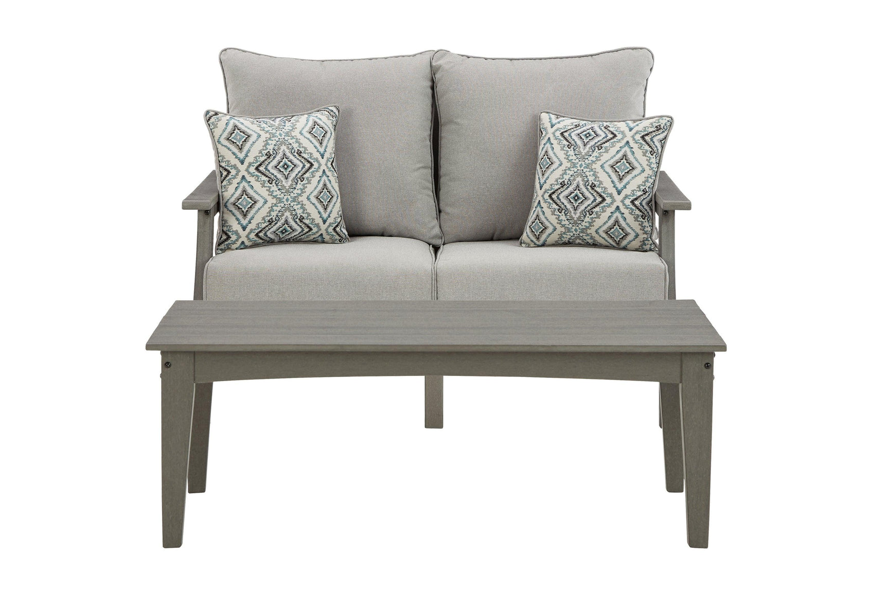 Visola Gray Outdoor Loveseat With Coffee Table - Ella Furniture